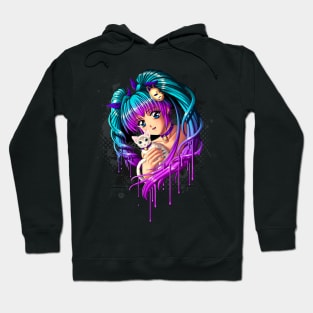 Kitten and Pigtail Manga Girl Hoodie